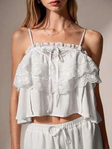 Willow Rêve Atasan Camisole Pendek Wanita Putih dengan Hiasan Bordir dan Rumbai Romantis, Gaya Boho, Hari Valentine, Gaya Romantis untuk Liburan - Putih - View 6