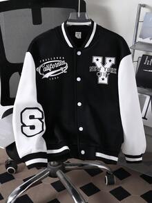 SHEIN Casuvi Kids 男童休閒學院風印花棒球開襟夾克外套，適合休閒、運動、校園穿著 - 黑色 - 查看 7