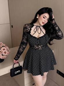 Vibekara Plus Size Women's New Large Scoop Neck Lace Trim Tie Sexy Party Contrast Lace A-Line Long Sleeve Ruched Bust Elegant Vintage Romantic Fitted Cute Sexy Style Dress Suitable For Daily Wear Back To School Season Women's Birthday Outfit Party Dress Women's Plus Size Evening Gown Cocktail Dress Wedding Guest Dress Women's Dress Elegant Evening Gown - Multicolor - View 1