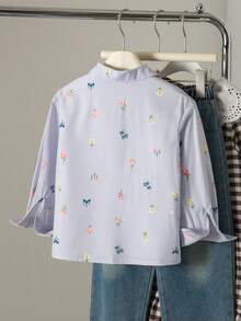 SHEIN Genkimix Kids 女童仿刺繡圖案藍白條紋印花襯衫，清新輕盈設計，領口長袖寬鬆休閒襯衫，花卉圖案，春秋休閒襯衫 - 彩色 - 查看 2