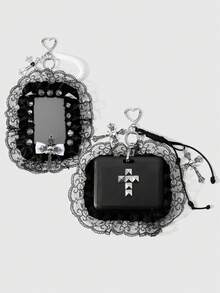 ROMWE Goth 1個Y2K龐克暗黑風黑白繫帶手機鍊，亮面水鑽皇冠骷髏十字星鉚釘蝴蝶結蕾絲卡套DIY鑰匙圈包包吊飾 - 黑色-18 - 查看 2