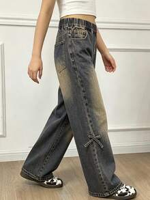 DAZY Tween Girl Elastic Waist Straight Leg Vintage Distressed Washed Denim Jeans Fall - Olive Green - View 4
