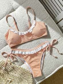 Swim Mod Girl's Striped Tank Top Swimsuit Top And V-Shaped Bikini Bottom 2 Pieces Set - Orange - View 3