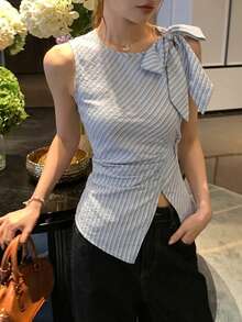 DAZY 女款圓領格紋韓風優雅無袖蝴蝶結襯衫 夏季 - 灰色 - 查看 5