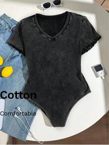 Comfortcana Plus Size Summer Casual Washed Fitted Bodysuit - Black - View 10