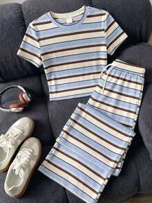 SHEIN Kids Teen Girls Blue Striped 2-Piece Set Tween Girl Clothes Preppy Style Squishy Set Co-Ords - Multicolor - View 3