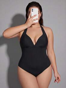 Shapewave Plus Size Women's Elegant Sexy Solid Color One-Piece Beach Vacation Swimsuit Summer - Black - View 3