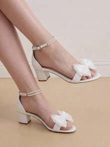 Eladyva Classic Strappy Bow Peep Toe Mid Heel Sandals, Chunky Heel, Suitable For Weddings, Parties, Roman Style,Closed Back Sandals For Women Valentines - White - View 3