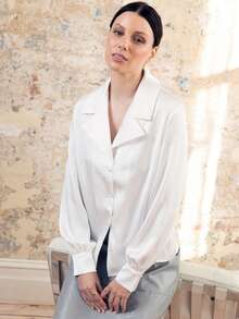 KÆRIA Hus Rilo Button Up Blouse - Fluid Satin, Notch Lapel, Long Sleeve, Crossover, Luxe Sheen, Relaxed Fit - White - Elegant, Wedding, Summer, 90's, Party - White - View 1