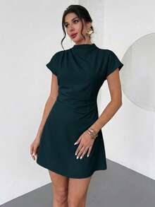 Aloruh Elegant Ruched Waist A-Line Mini Dress For Commuting, Summer,Summer Dresses For Women - Navy Blue - View 5