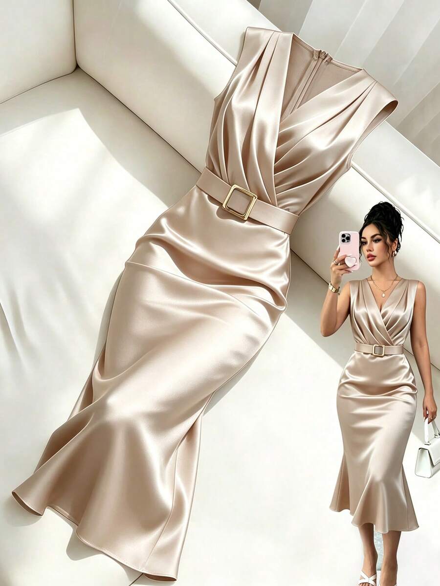 Franclia 女款優雅通勤V領修身貼身商務緞面彈性亮面金屬鈕扣洋裝,春夏疊穿洋裝 - 杏色 - 查看 1