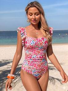 Swim Mod 女款夏季海灘度假甜美碎花荷葉邊平口式收腰顯瘦連身泳衣 - 彩色 - 查看 5