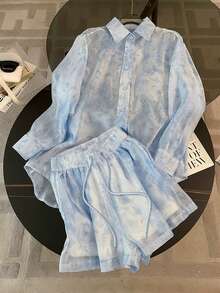 Resyla Setelan Kemeja Lengan Panjang Chiffon Longgar Model Bahu Jatuh untuk Wanita + Celana Pendek - Biru - View 4