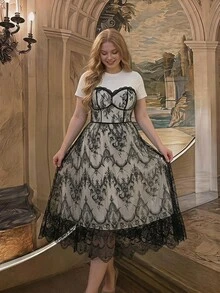 SHEIN MOD 2合1黑白對比無肩帶蕾絲短袖洋裝，浪漫大尺碼女裝 - 黑與白 - 查看 7