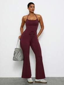 Voyena Plus Size Women Solid Color Halter Top And Drawstring Waist Flare Pants Casual Daily Sports Set - Burgundy - View 5