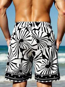 Manfinity Swimmode Pantalones cortos de playa de moda con patrón geométrico y cordón para hombre, adecuados para vacaciones y uso diario - Blanco y Negro - Ver 6