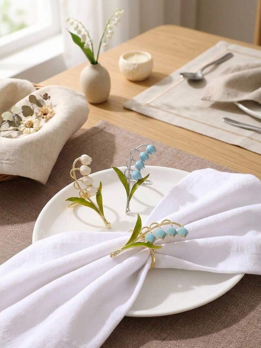Cirelle 1 buah Cincin Serbet Bunga Lily of the Valley yang Elegan | Tempat Serbet Logam Bermotif Bunga untuk Dekorasi Meja - MultiWarna - View 1