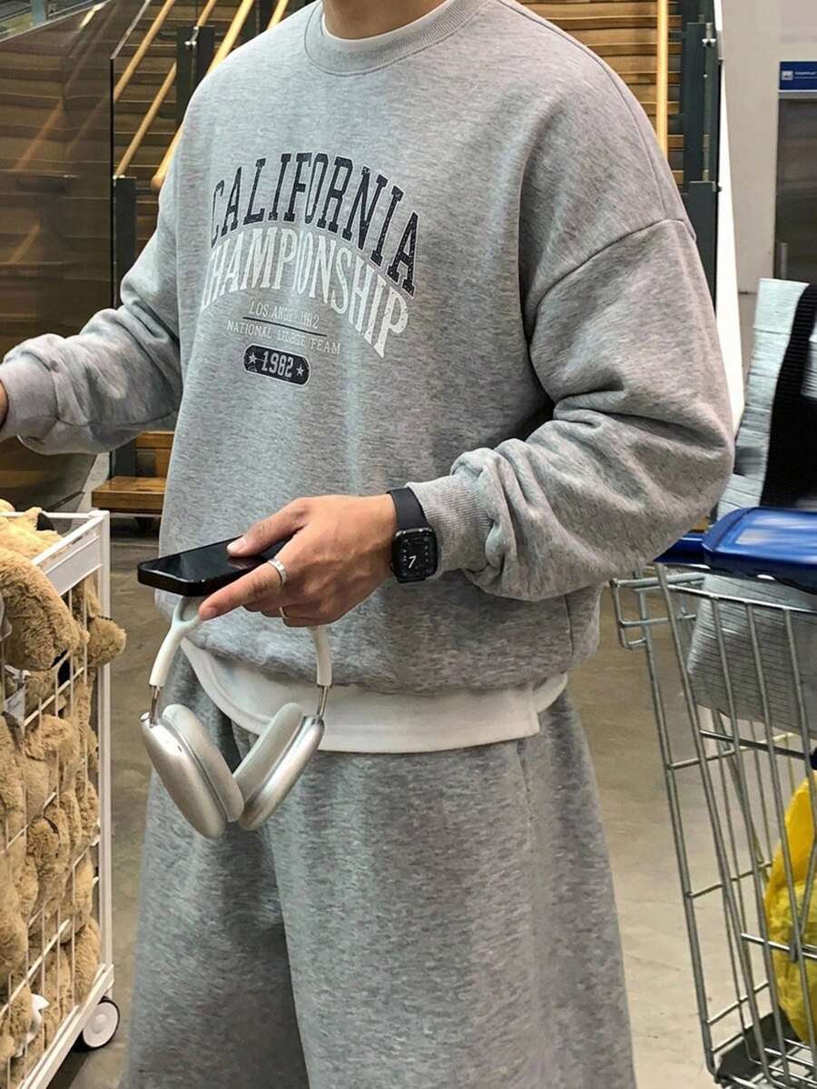 DAZY 男士春秋字母印花灰色圓領短版套頭運動衫 - 灰色 - 查看 1