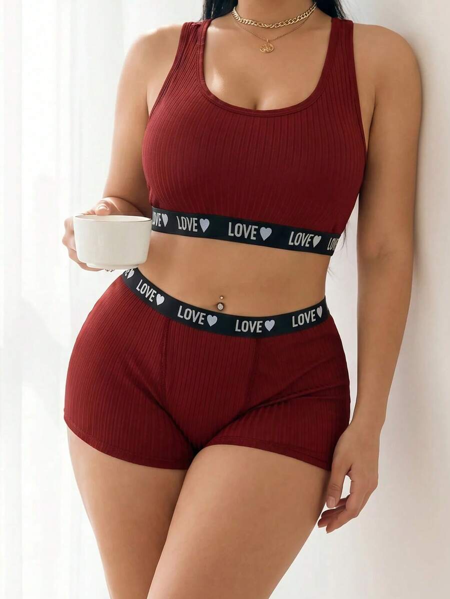 SHEIN Plus Size Solid Color Patchwork Sleeveless Minimalist Top And Bottom Lingerie Set - Burgundy - View 1