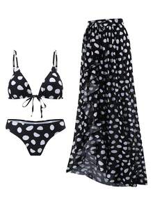 Swim SXY 夏季女款三件式海灘套裝 漸層印花細肩帶三角比基尼上衣 比基尼下褲 黑白波點性感沙灘罩衫 - 黑與白 - 查看 2