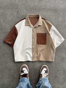 SWAVVY Camisa de manga corta de pana con parches para hombre, primavera/verano - Caqui - Ver 3