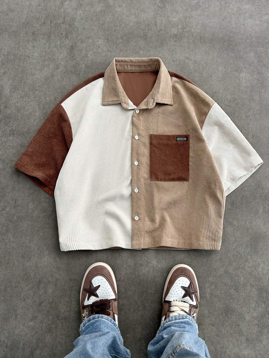 SWAVVY Men's Corduroy Patchwork Short Sleeve Shirt, Spring/Summer