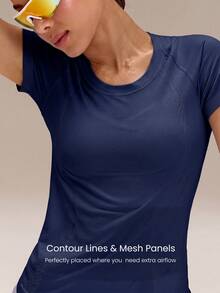 GLOWMODE Seamless Workout Shirt Slim Fit Short Sleeve Sports Tees Gym Athletic Tops Summer - Blue - View 7