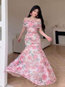 Modelyn 女款優雅法式長洋裝，網紗花卉印花，方領，百褶設計，適合夏季度假 - 粉色 - 查看 6