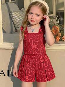 SHEIN Sparklyn Conjunto de 2 piezas para niña preadolescente con top de tirantes bordado de moda y shorts fruncidos para vacaciones - Rojo - Ver 5