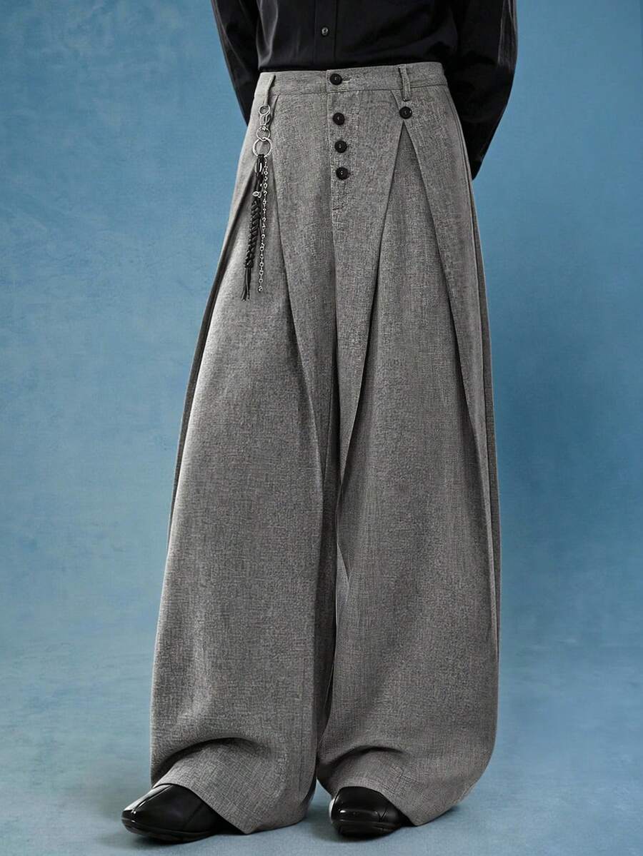 PAVTROS Men's Gray Button Decor Pleated Fashion Versatile Wide Leg Pants - Dark Grey - View 1