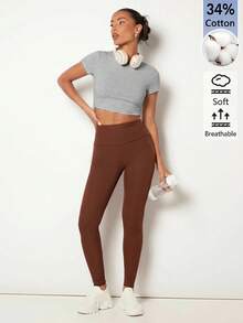 SHEIN BASICS 女款純色修身短版圓領T恤上衣 淺灰色 短版上衣 適合校園日常 夏季休閒 基本款 健身 - 淺灰色 - 查看 5