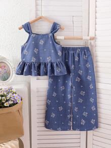 Setelan 2 Potong Atasan Camisole dan Celana Longgar untuk Anak Perempuan, Nyaman, Kasual, Tebal, Bertekstur, Motif Cetak, Bordir Imitasi, Kancing Depan, Hem Berkerut, Sederhana dan Elegan, Cocok untuk Acara Musim Semi/Panas, Bepergian, Liburan, Berbagai Kesempatan dan Pakaian Sehari-hari - Biru - View 2