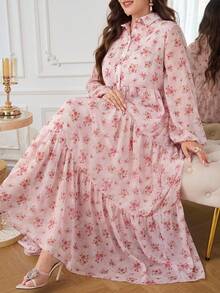 Al Najma Casual Chiffon Floral Print Long Sleeve Tiered Loose Regular Fit Spring Summer Plus Size Women's Arabic Dress - Pink - View 8