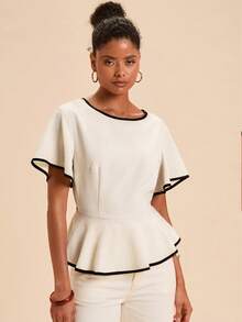 Travachic Summer Women's Round Neck Patchwork Contrast Color Waist-Cinched Tie-Up Woven Top Teachers' Day Brunch Black And White Elegant French - Apricot - View 7