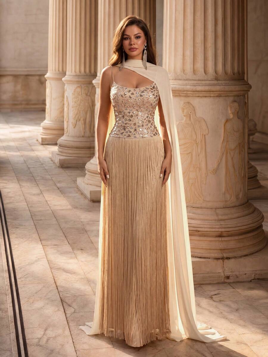 Glamrae Elegante Romántico de Moda Grácil Vestido de Fiesta Caqui con Lentejuelas Bordadas Tela de Gasa Cinta Borlas Decoración Tirantes Finos Bustier Copa Cola de Pez Elegante Vestido de Fiesta Vestido de Invitada de Boda Vestido de Despedida de Soltera Vestido de Noche Formal - Caqui - Ver 1