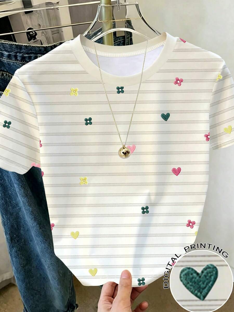 SHEIN 1件青少年女孩韓式休閒時尚簡約經典細條紋彩色花卉愛心圖案圓領寬鬆短袖T恤,適合日常休閒、上學、購物,夏季上衣 - 彩色 - 查看 1