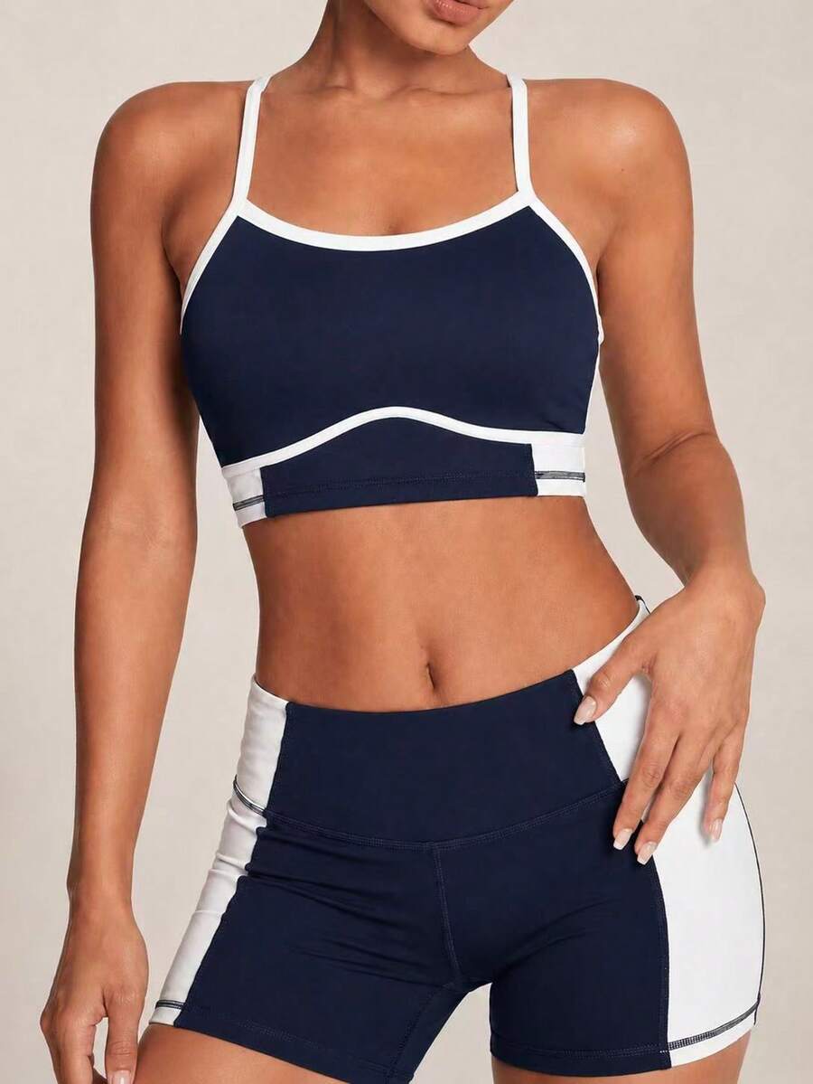 SHEIN BAE Blue And White Contrasting Patchwork Strips Hollow High Waist Women Sports Sets Athletic Two Piece Set Navy Workout Set Sports Bra And Shorts Set Yoga Set Shorts Two Piece Set Women Workout - Navy Blue - View 1