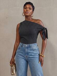 BamGlimmer Summer Oversized Sexy Rave Design Black And White Striped Sleeveless Asymmetrical Blouse For Women Vacation Club Night Out Date Night - Black and White - View 2