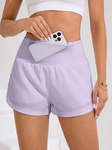 SHEIN Sovereign Charm Celana Pendek Olahraga Wanita Warna Polos dengan Kantong di Pinggang - Mauve Purple - View 3