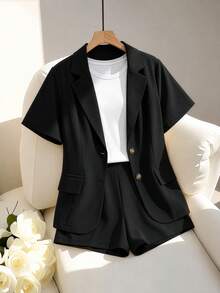 GlowEve CURVE Conjunto de camisa de manga corta con botones y pantalones cortos de unicolor, talla grande casual - Negro - Ver 1