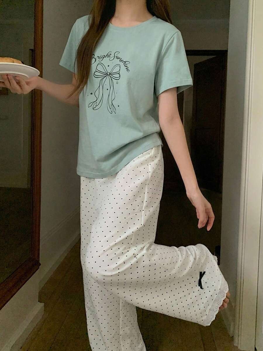 DAZY Women's 2-Piece Summer Pajama Set, Loose Short Sleeve T-Shirt With Bow Pattern And Polka Dot Straight Leg Long Pants - Green - View 1