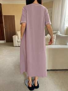 DAZY Women's Long T-Shirt Style Dress With Print, Contrast Color And Contrast Stitch Design, Loungewear - Pink - View 2