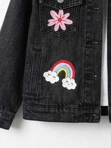 Denimly 女孩時尚戶外百搭休閒學院風可愛花卉彩虹蝴蝶結字母愛心印花牛仔夾克外套，翻領水洗牛仔長袖 - 深灰色 - 查看 7