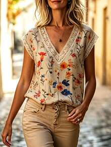 Breezaya Women's V-Neck Floral Print Casual Versatile Daily Wear Top - Multicolor - View 4