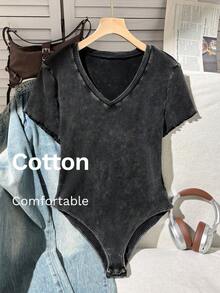 Comfortcana Plus Size Summer Casual Washed Fitted Bodysuit - Black - View 1
