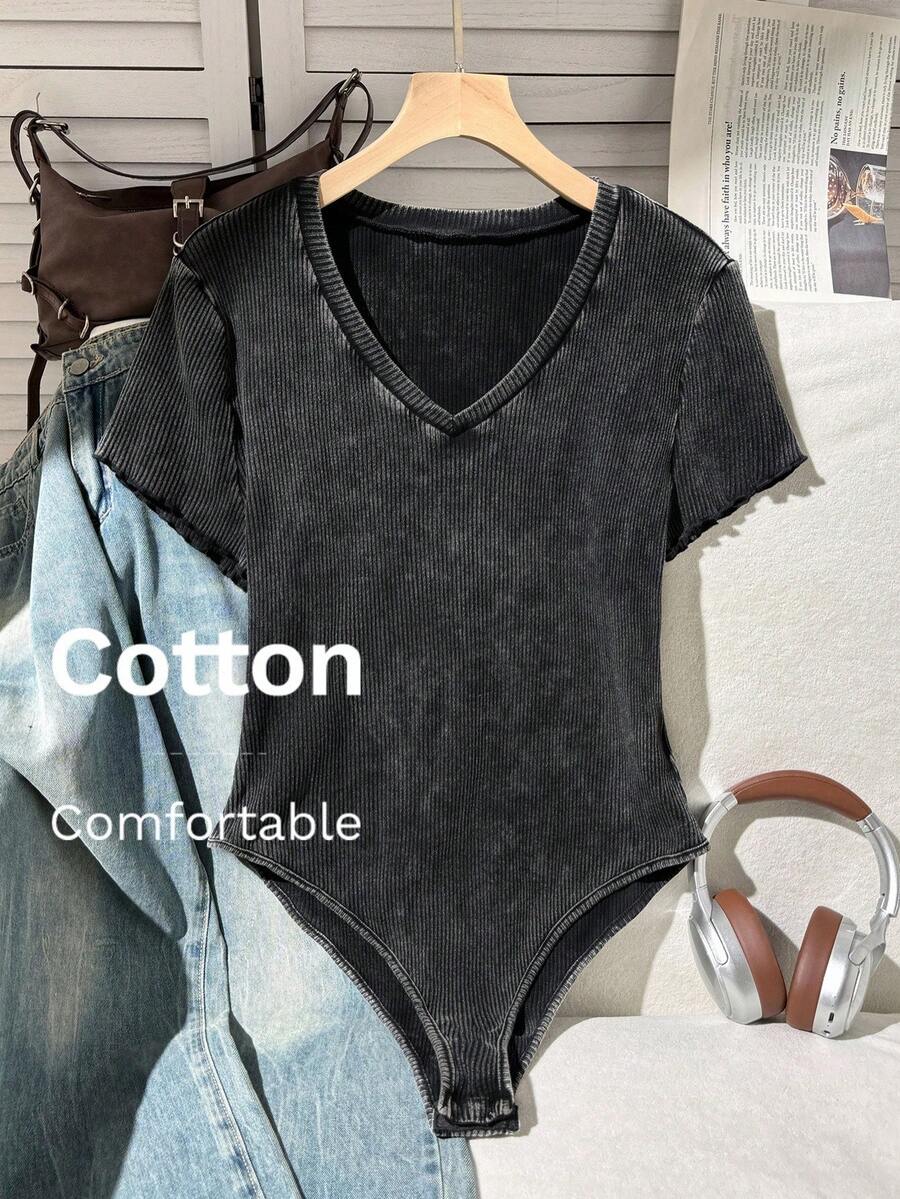 Comfortcana Plus Size Summer Casual Washed Fitted Bodysuit - Black - View 1