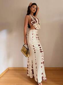 Aloruh Gaun Wanita Gaya Resort Model Deep V Motif Bintang Laut Warna Solid Beige Bertekstur Leher Halter Berlubang di Bagian Belakang dengan Tali Ikat dan Belahan Tinggi Ekstra Panjang - Aprikot - View 6