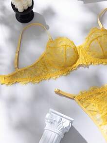 SHEIN 2件套玫瑰红蕾丝拼接内衣套装，成熟性感 - 黃色 - 查看 3