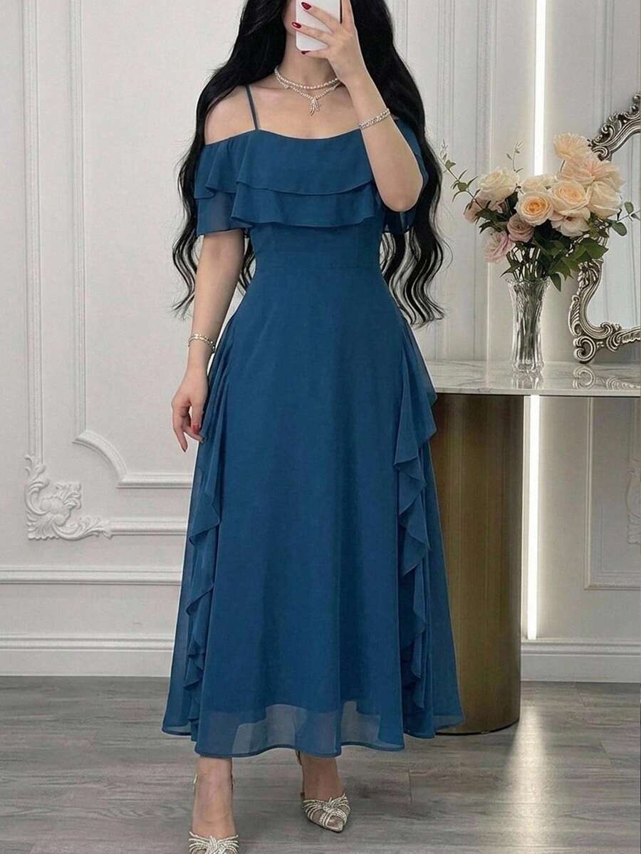 Feyla Women's Summer New Design Romantic Elegant Layered Ruffle Multi-Tier Cake Cold Shoulder Dress