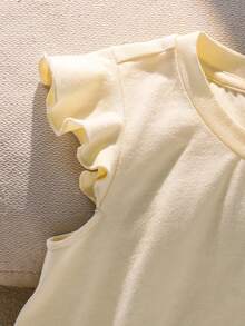 SHEIN 女童針織圓領休閒荷葉袖T恤 - 米色 - 查看 4